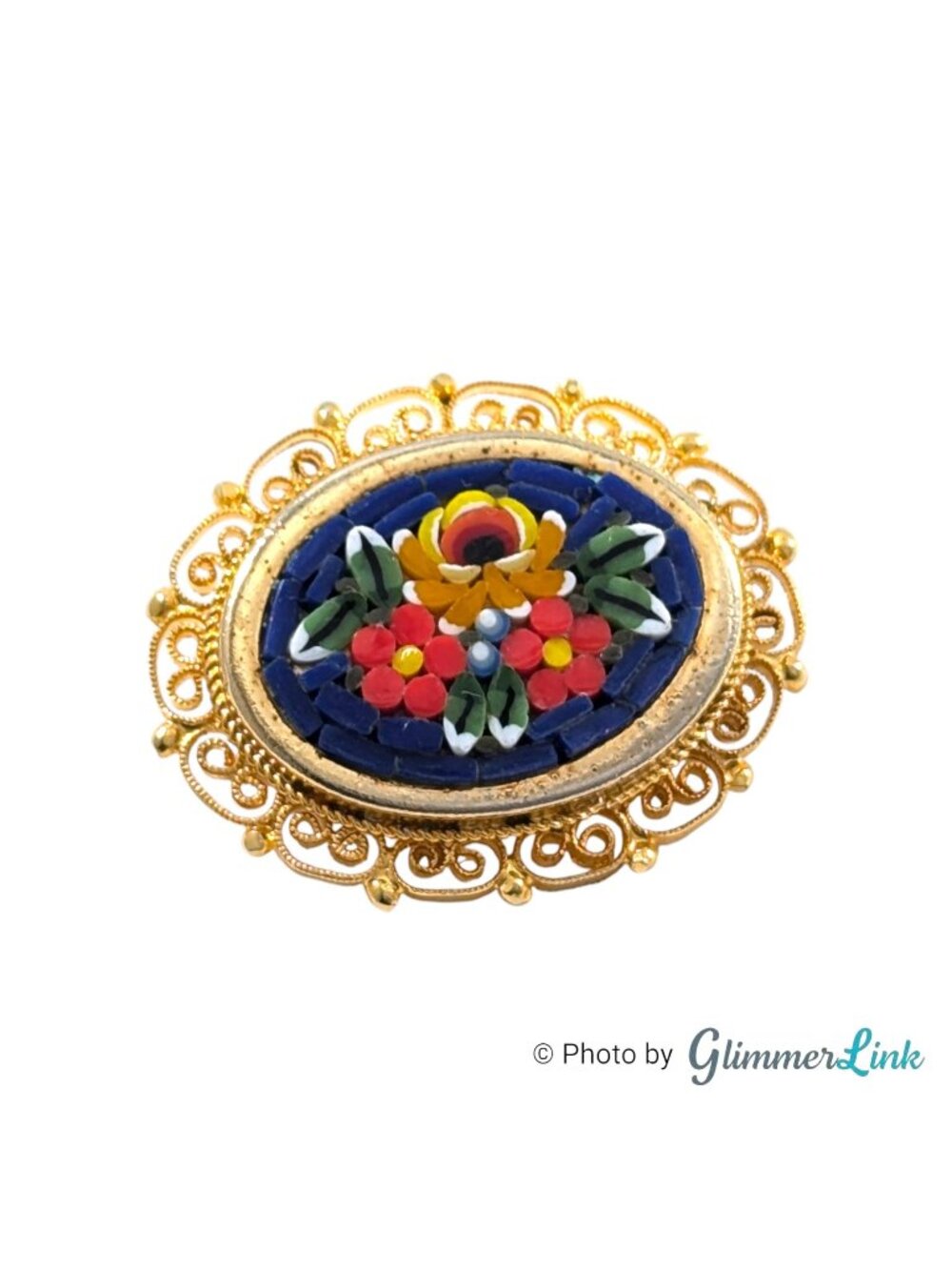 Vintage Floral Glass Mosaic Brooch Oval Filigree Gold Tone 1 3/8 Inch